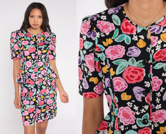 90s Petite Dimensions Floral Peplum Dress Black Cotton Button Front Small