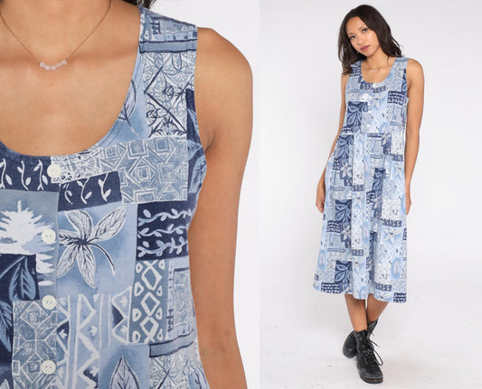 90s Blair Blue Patchwork Floral Midi Dress Sleeveless Button Front Small