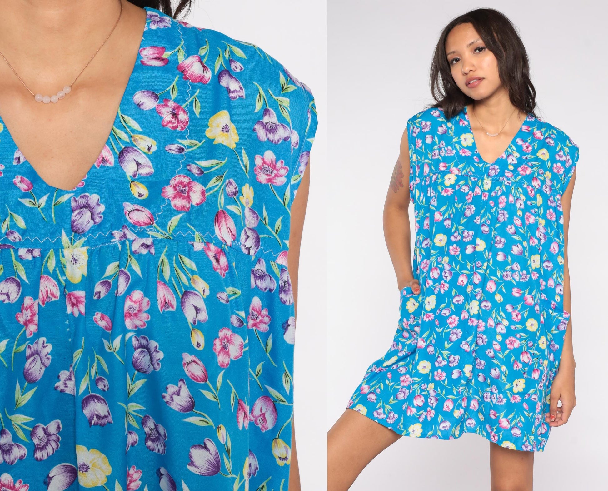 80s Blue Floral Tulip Mini Dress Sleeveless V Neck Babydoll Pockets Small