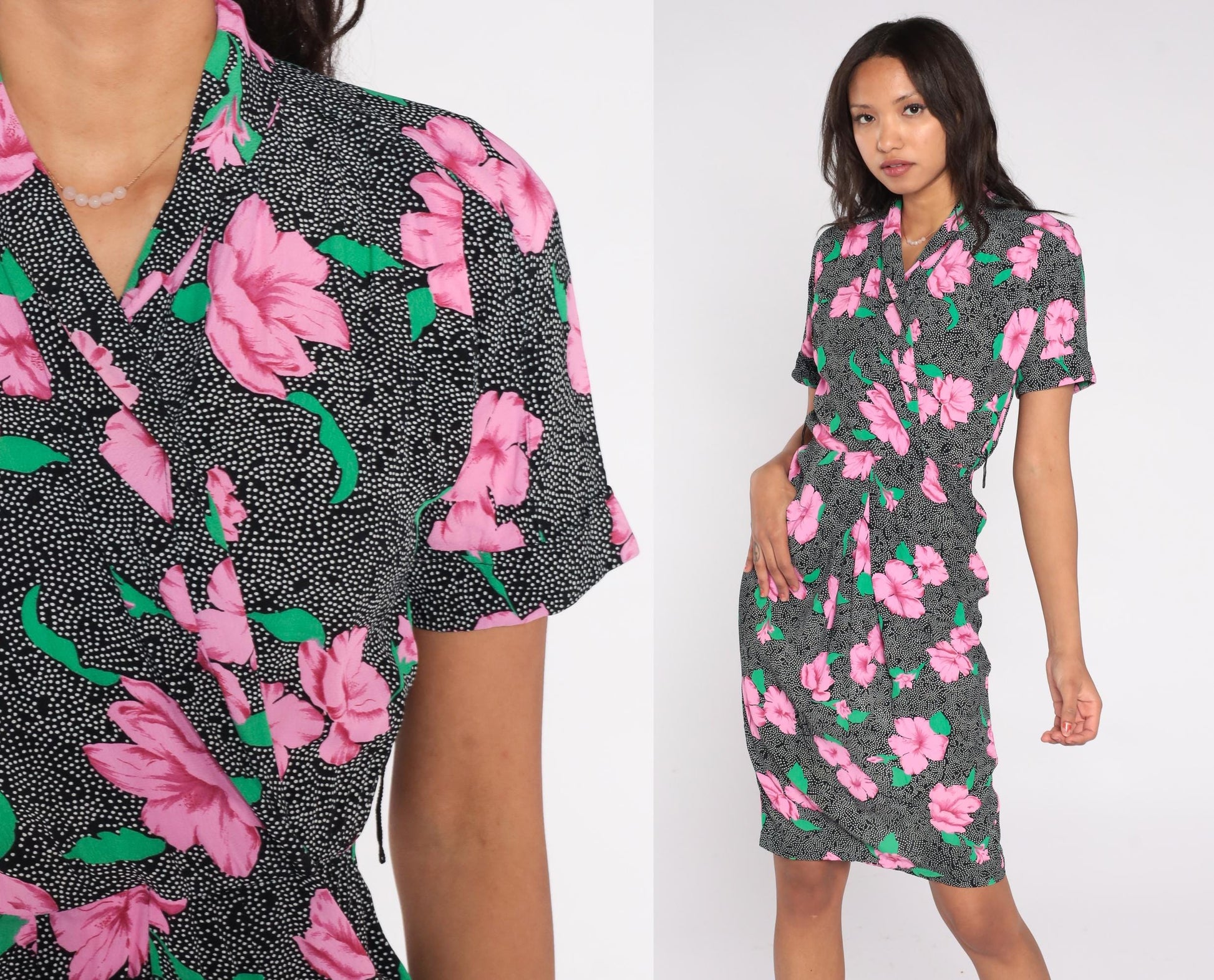 90s Jackie Bernard Floral Wrap Dress Pink Hibiscus Black Knee Length Small