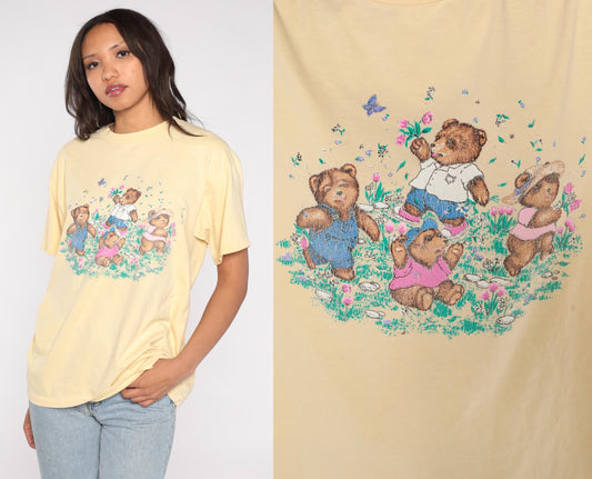90s Anvil Teddy Bear Picnic Graphic T-Shirt Pastel Yellow Cotton Large L