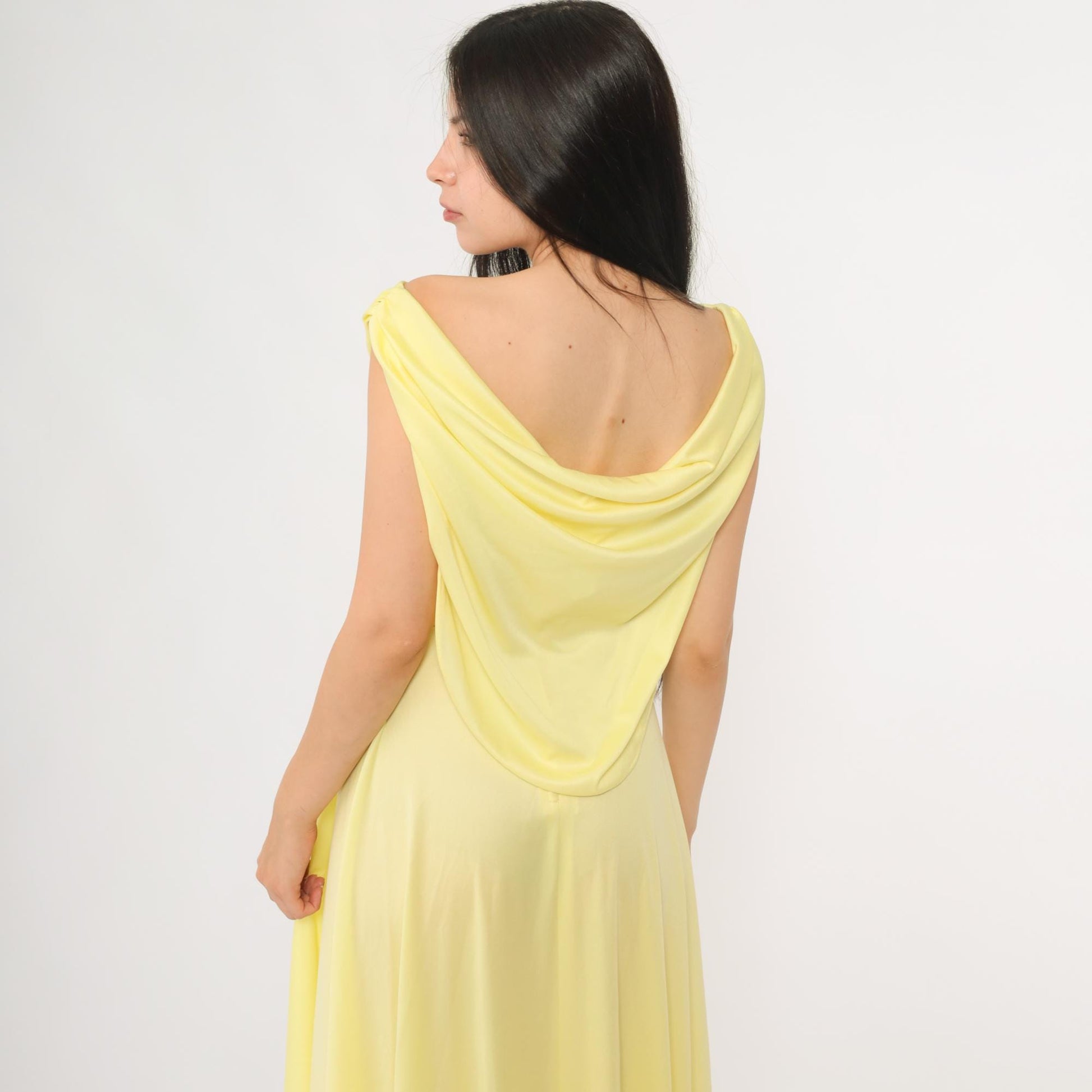 70s Yellow Maxi Dress Cowl Neck Sleeveless Waist Tie Small