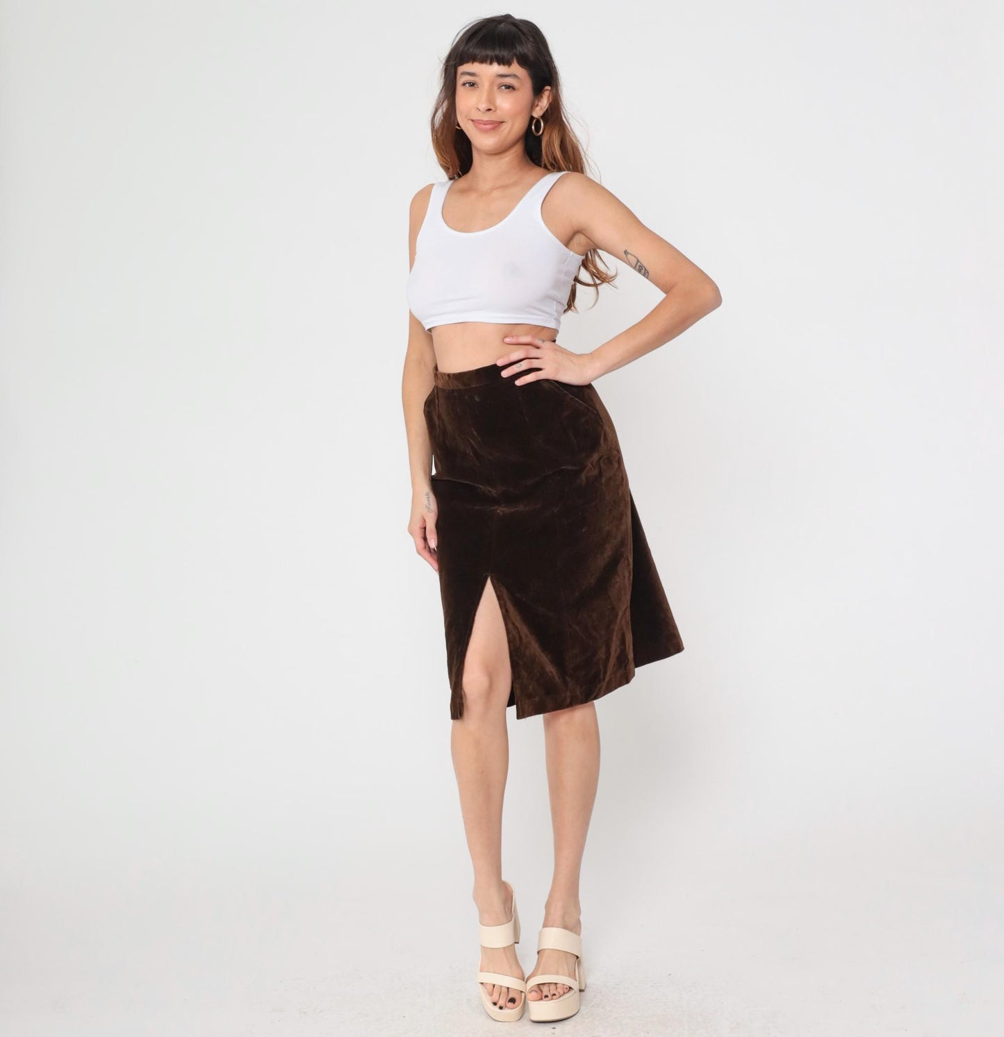 70s Brown Velvet Mini Skirt High Waist A-Line Small