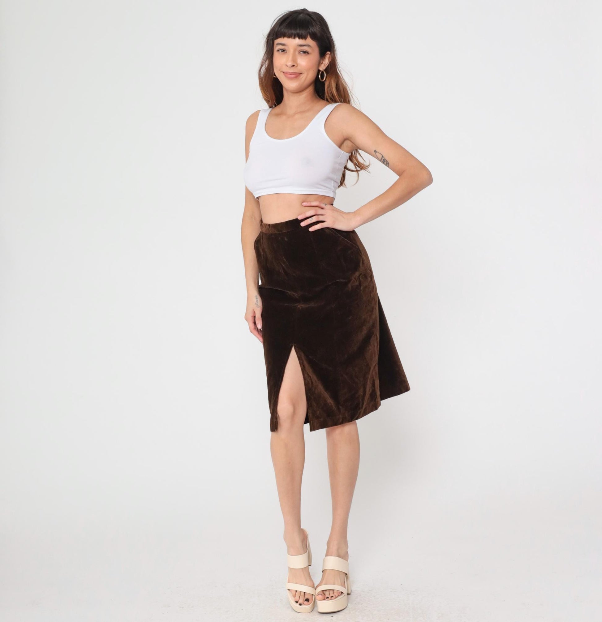 70s Brown Velvet Mini Skirt High Waist A-Line Small