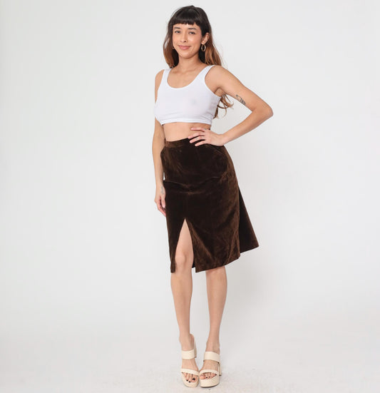 70s Brown Velvet Mini Skirt High Waist A-Line Small