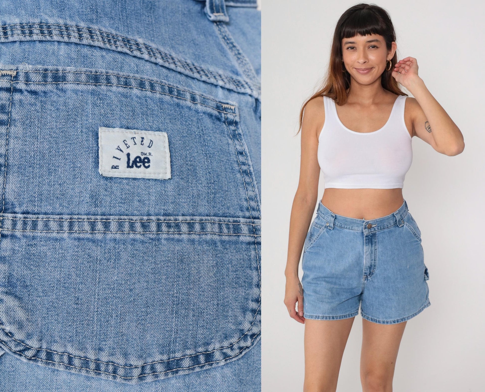 Lee 90s Blue Denim Cargo Shorts High Waist Elastic Medium