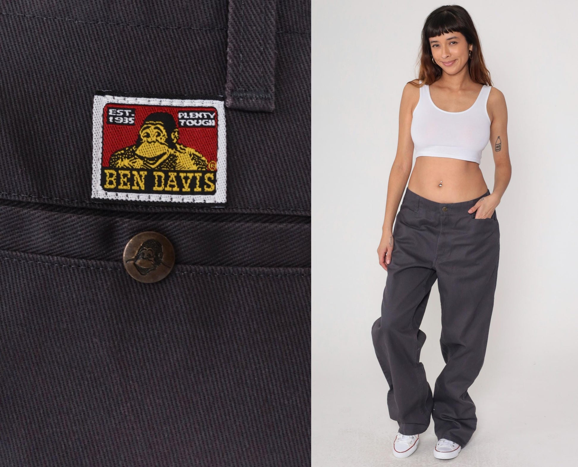 Ben Davis Y2K Charcoal Work Pants Gorilla Logo Straight Leg 36