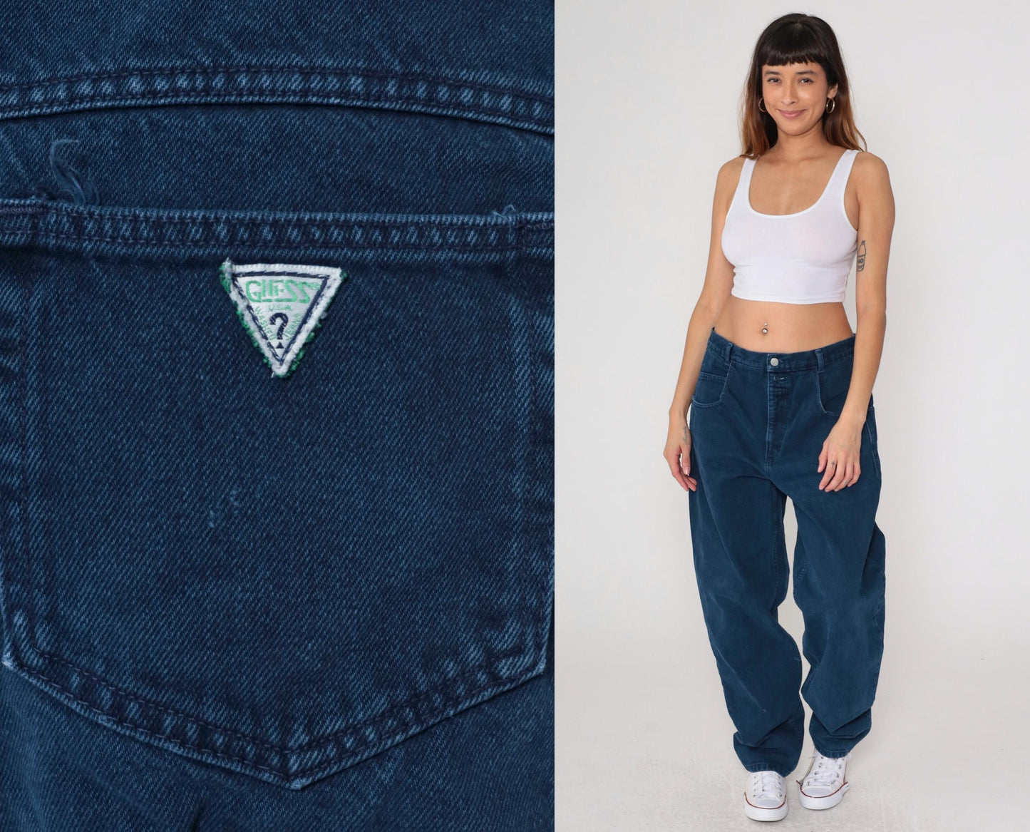 90s Guess High Waist Straight Leg Mom Jeans Dark Blue Denim Large L
