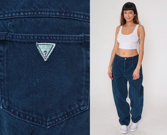 90s Guess High Waist Straight Leg Mom Jeans Dark Blue Denim Large L