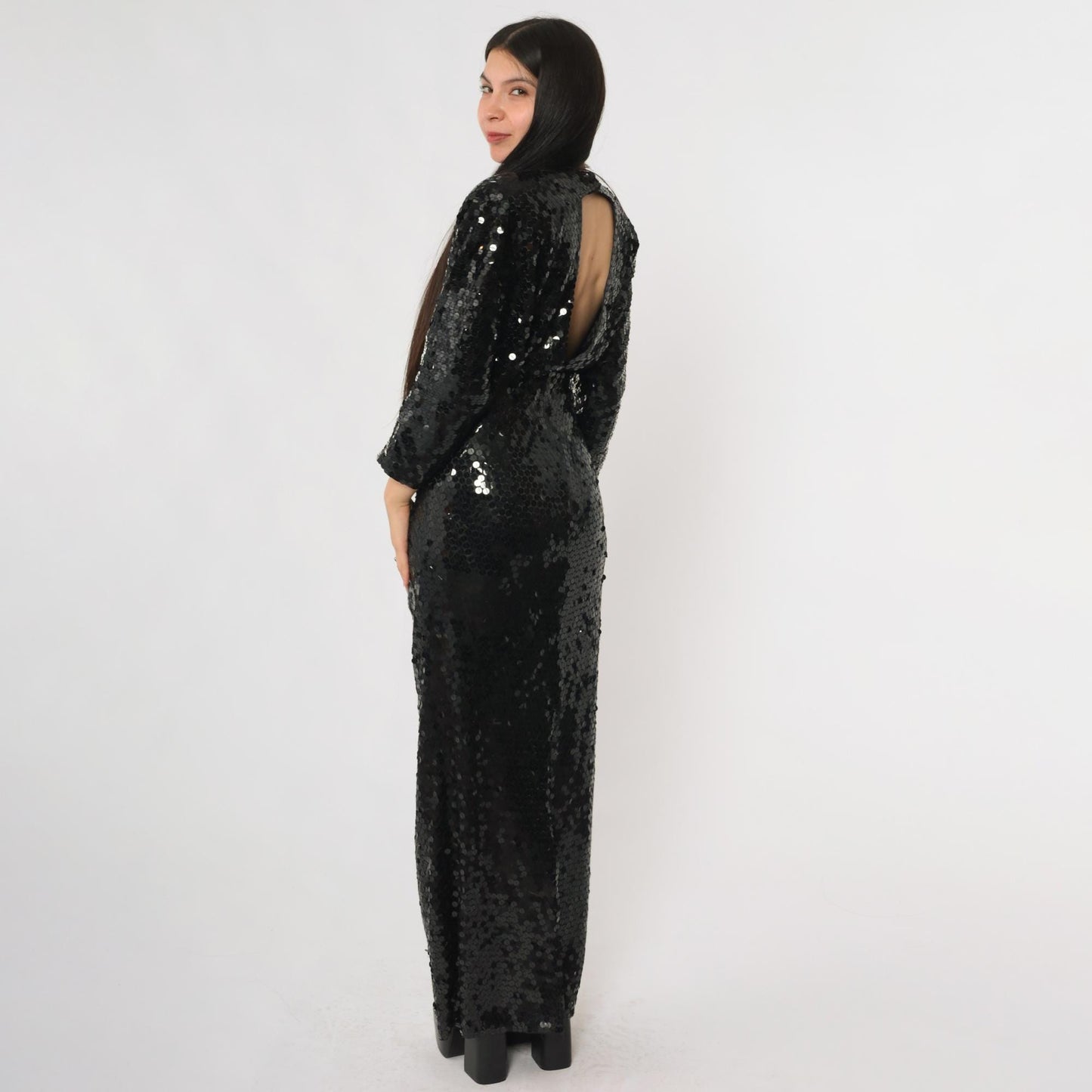 80s Oleg Cassini Black Sequin Evening Gown Plunge V Long Sleeve Open Back Medium