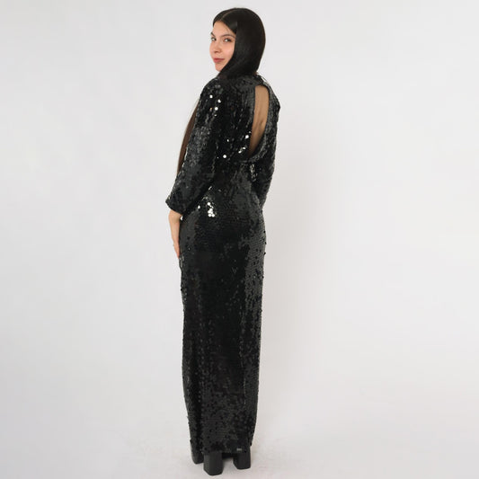 80s Oleg Cassini Black Sequin Evening Gown Plunge V Long Sleeve Open Back Medium