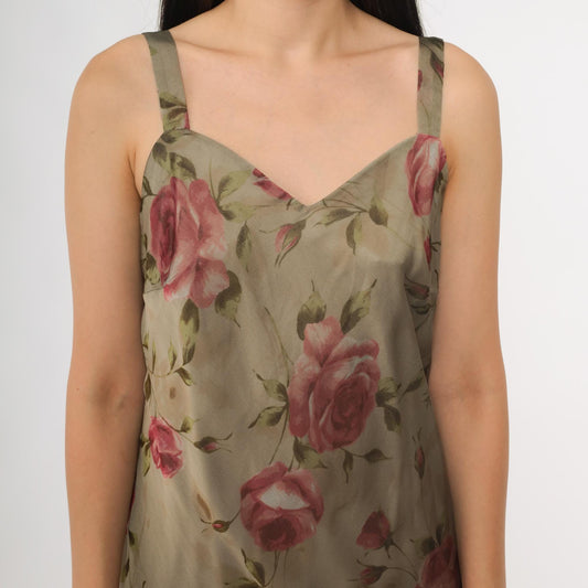 90s R & M Richards Floral Maxi Dress Sage Green Pink Rose Print Petite 8P