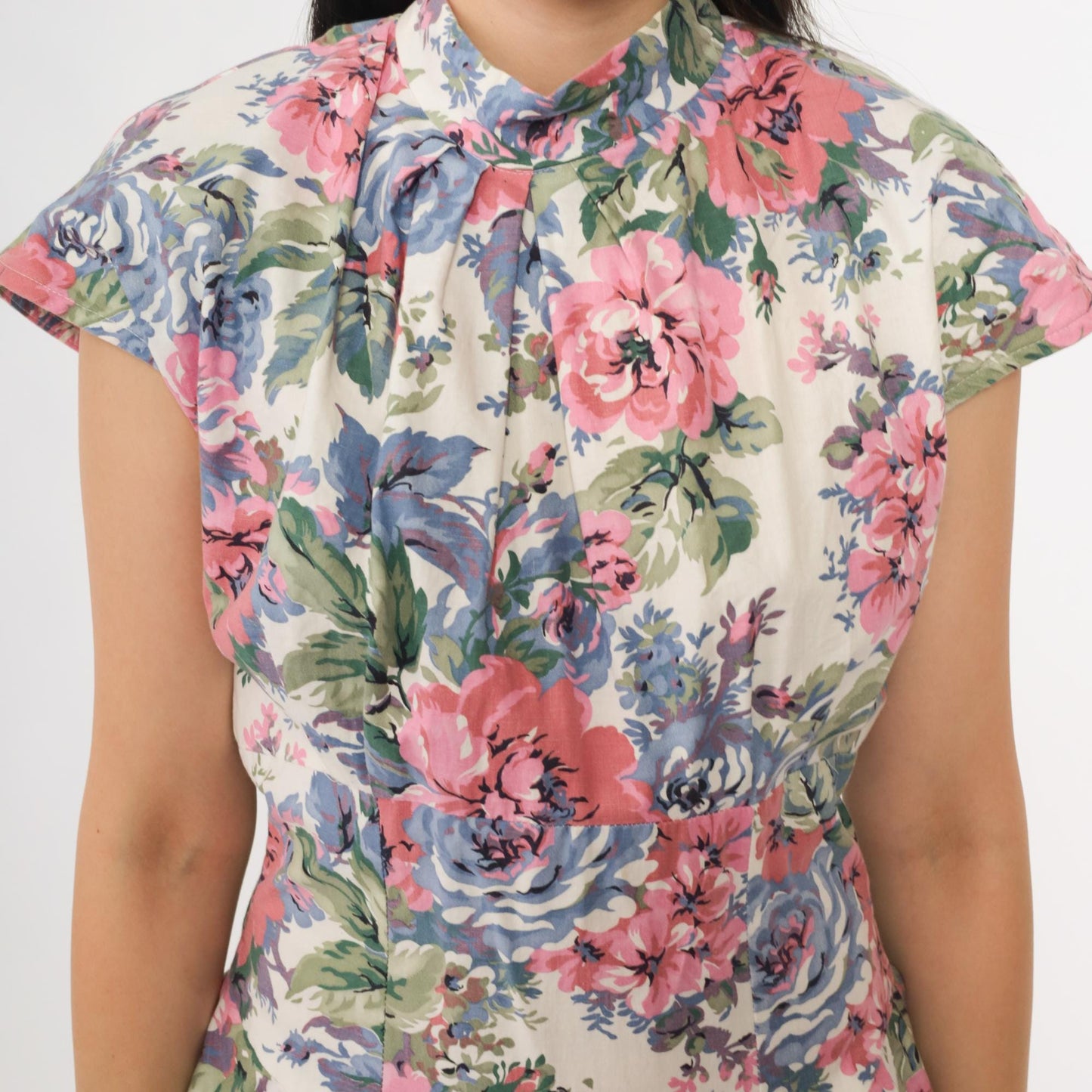 90s Teal Floral Mini Dress Button Front High Neck Flutter Sleeve Small