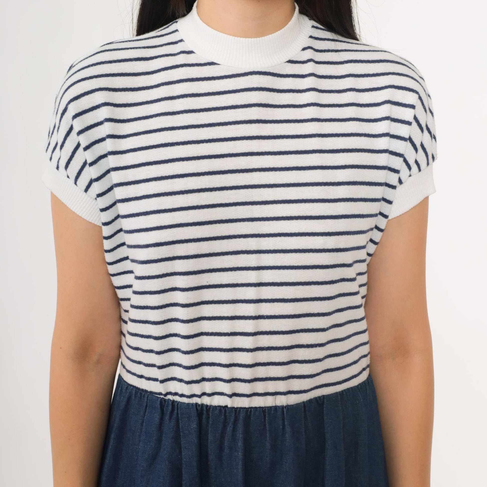 80s Nautical Striped Knit Denim Midi Dress Mock Neck White Navy Small