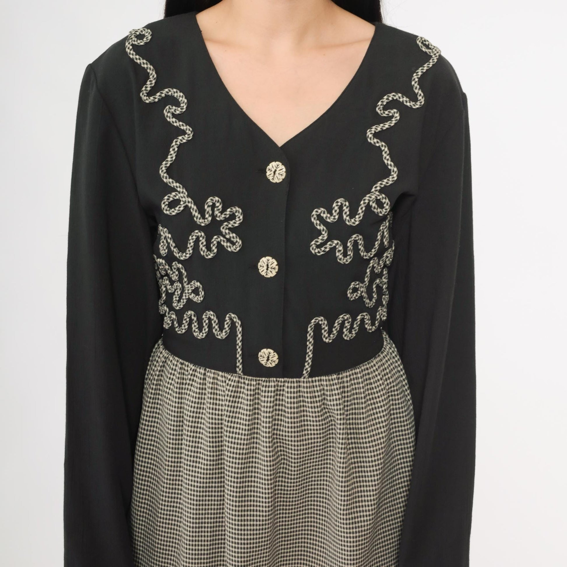 90s Kim Rogers Black Gingham Maxi Dress Embroidered Button Down Long Sleeve Large L
