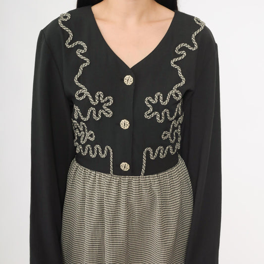 90s Kim Rogers Black Gingham Maxi Dress Embroidered Button Down Long Sleeve Large L