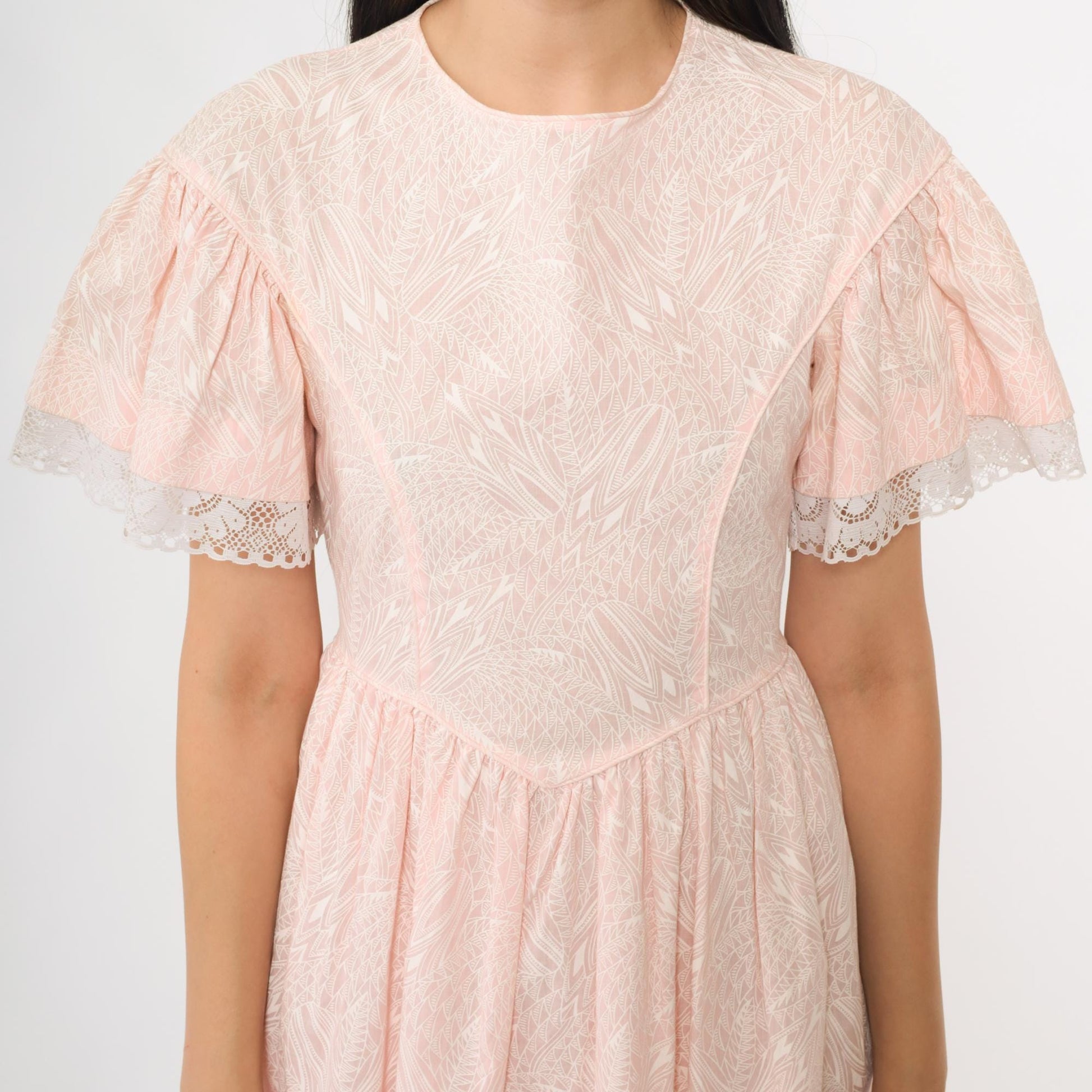 80s Pink Mini Dress White Leaf Print Flutter Sleeve Babydoll Tie Back Small S