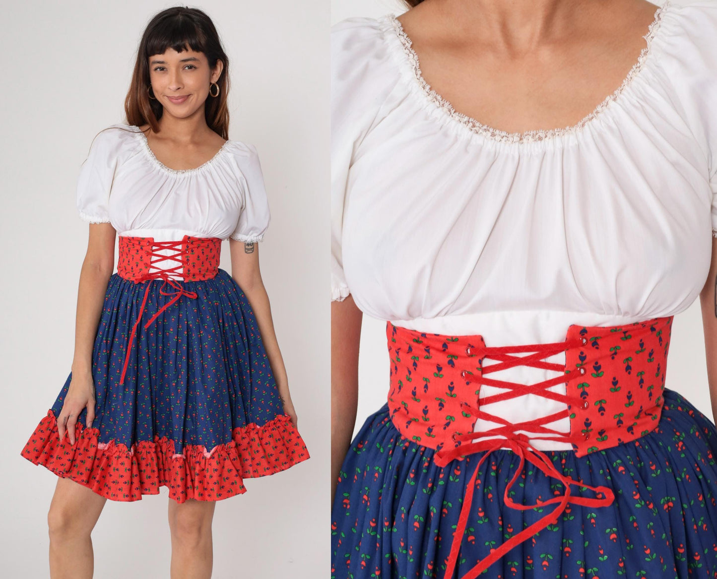 70s Folk Dirndl Dress Blue Floral White Puff Sleeve Red Corset Extra Small