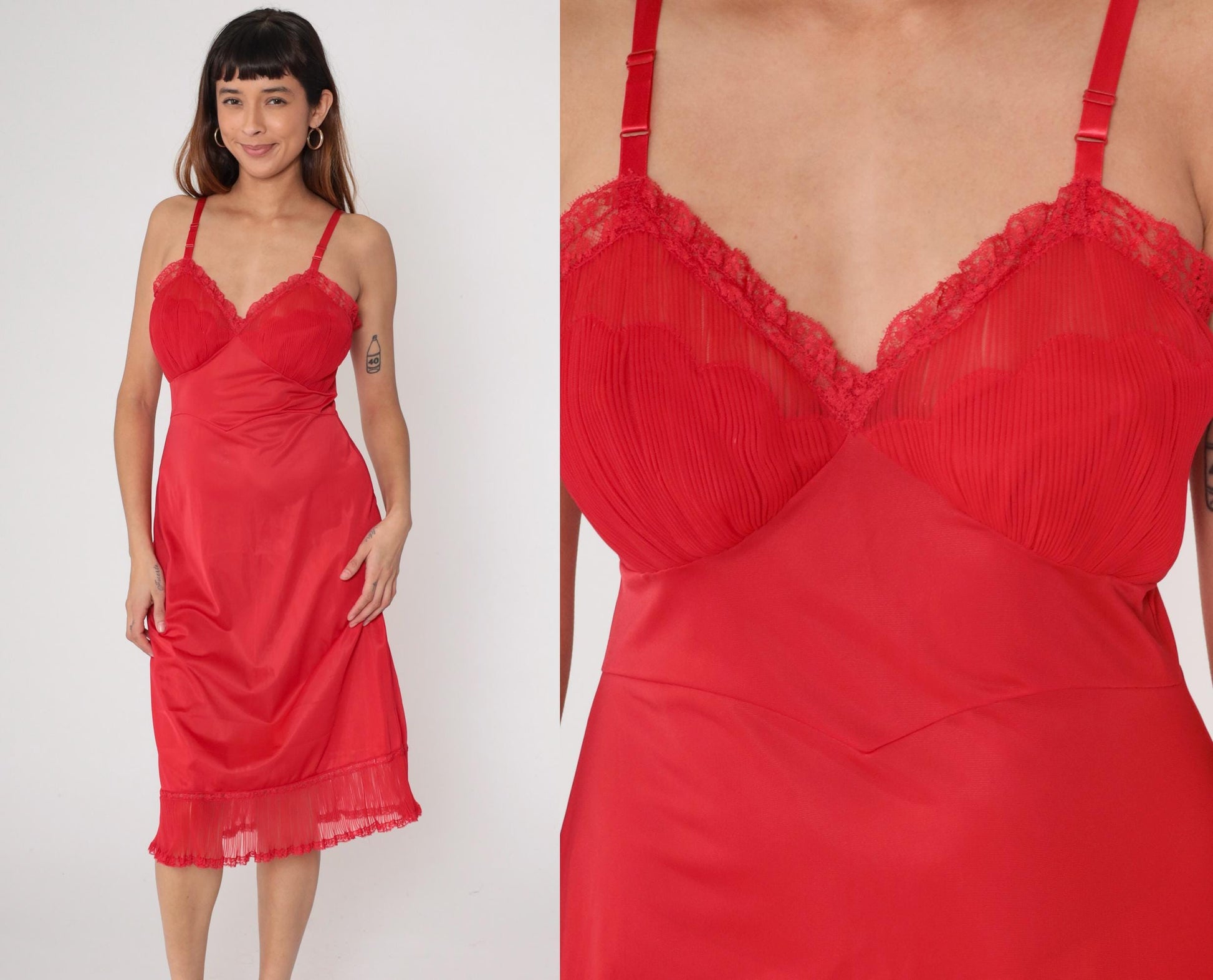 70s Shadowline Red Nylon Slip Dress Lace Trim Midi Spaghetti Strap Medium