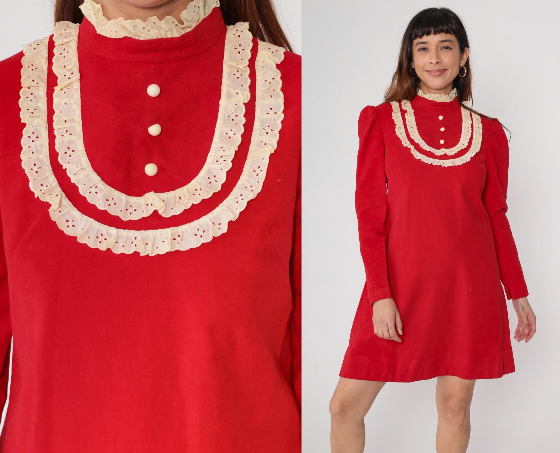 1960s Red Velour Mini Dress Eyelet Lace Puff Sleeve Small