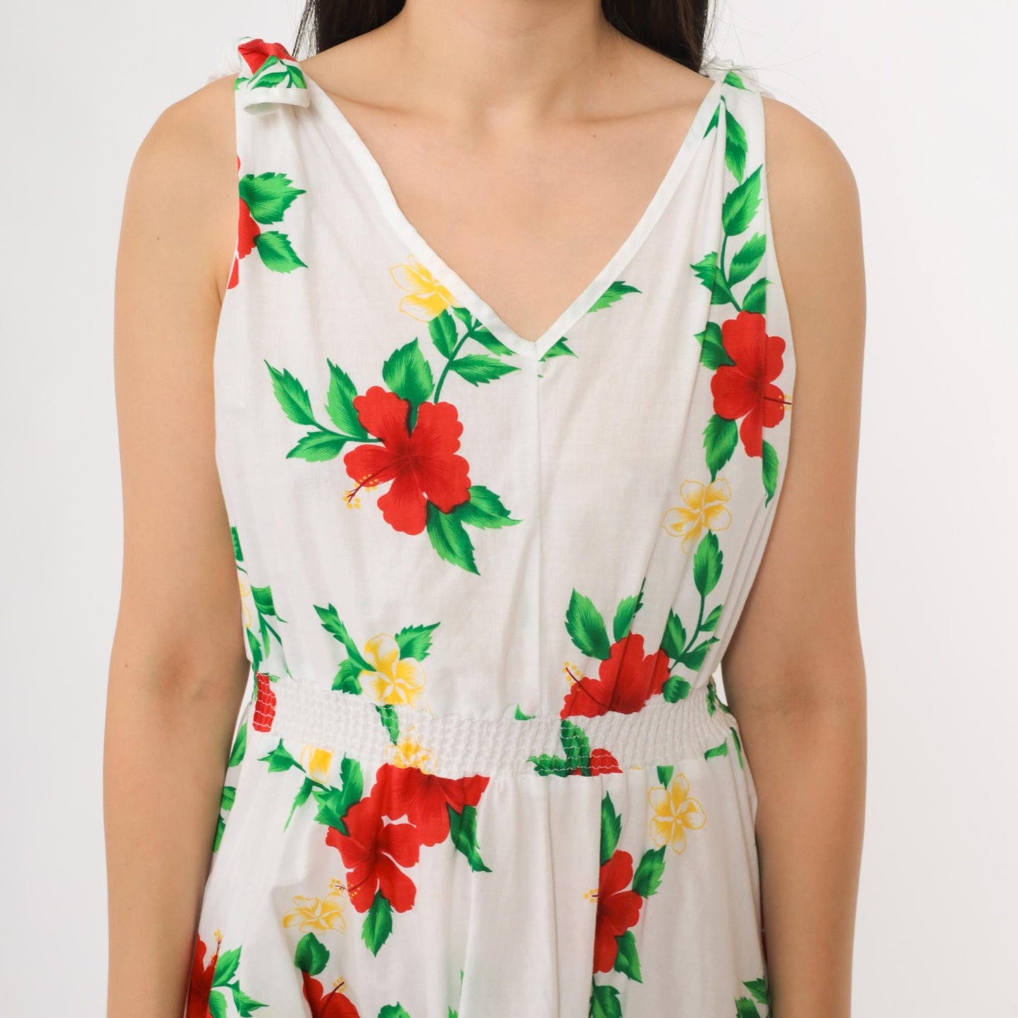 80s Royal Creations White Cotton Hibiscus Floral Midi Dress Tie Shoulder Small