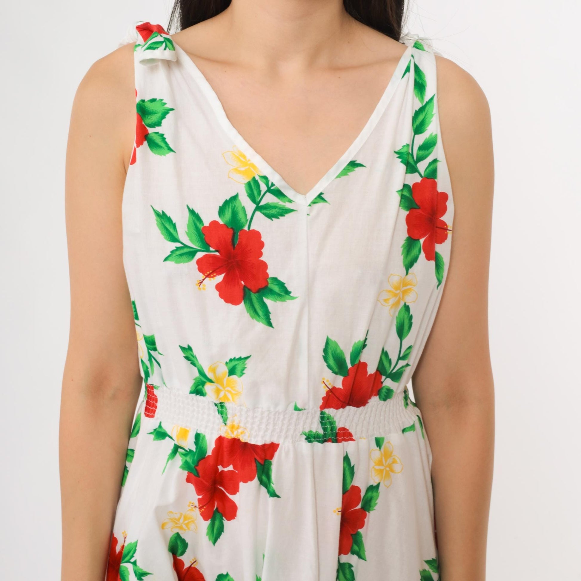 80s Royal Creations White Cotton Hibiscus Floral Midi Dress Tie Shoulder Small