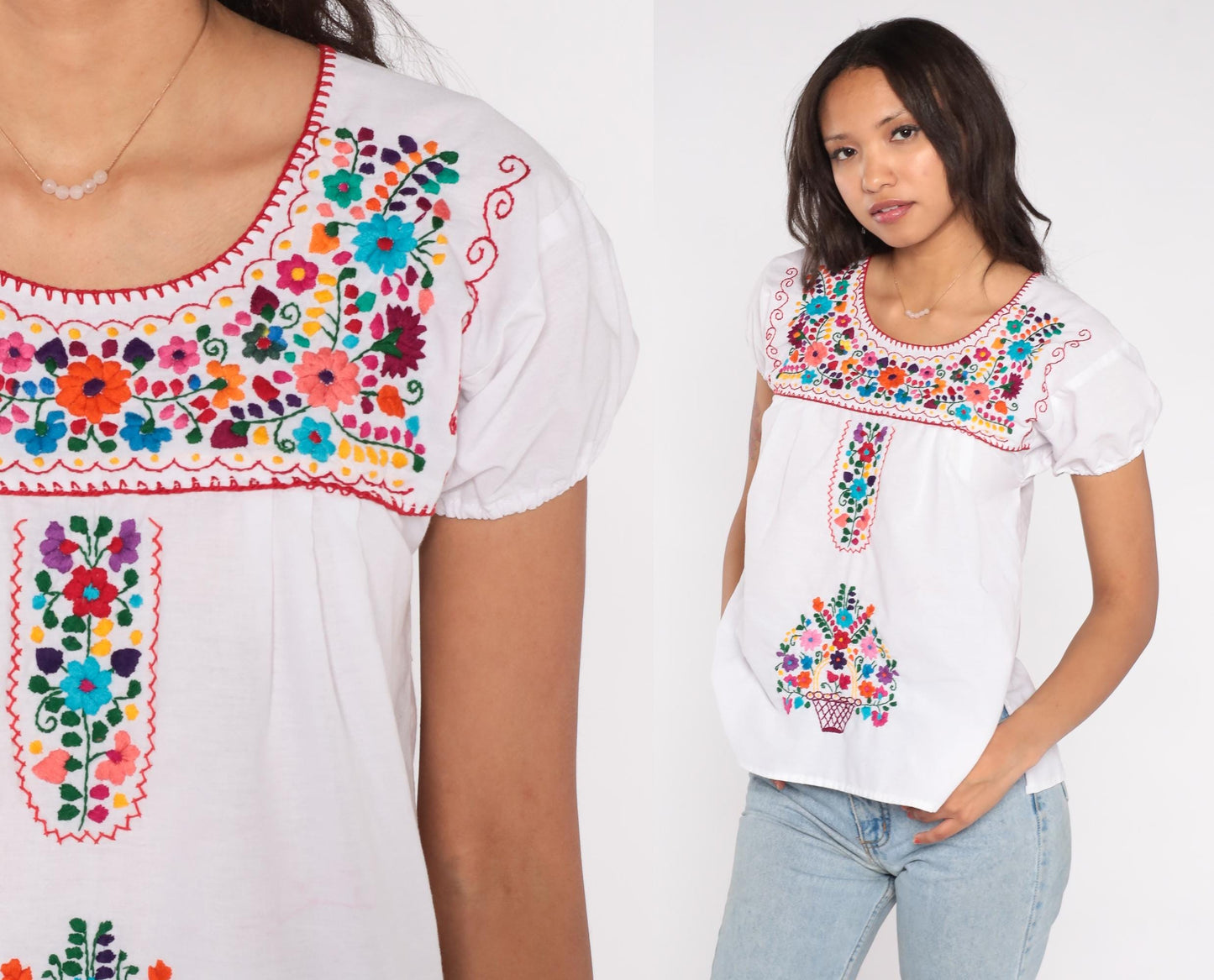 90s Mexican Embroidered White Cotton Blouse Floral Puff Sleeve Small