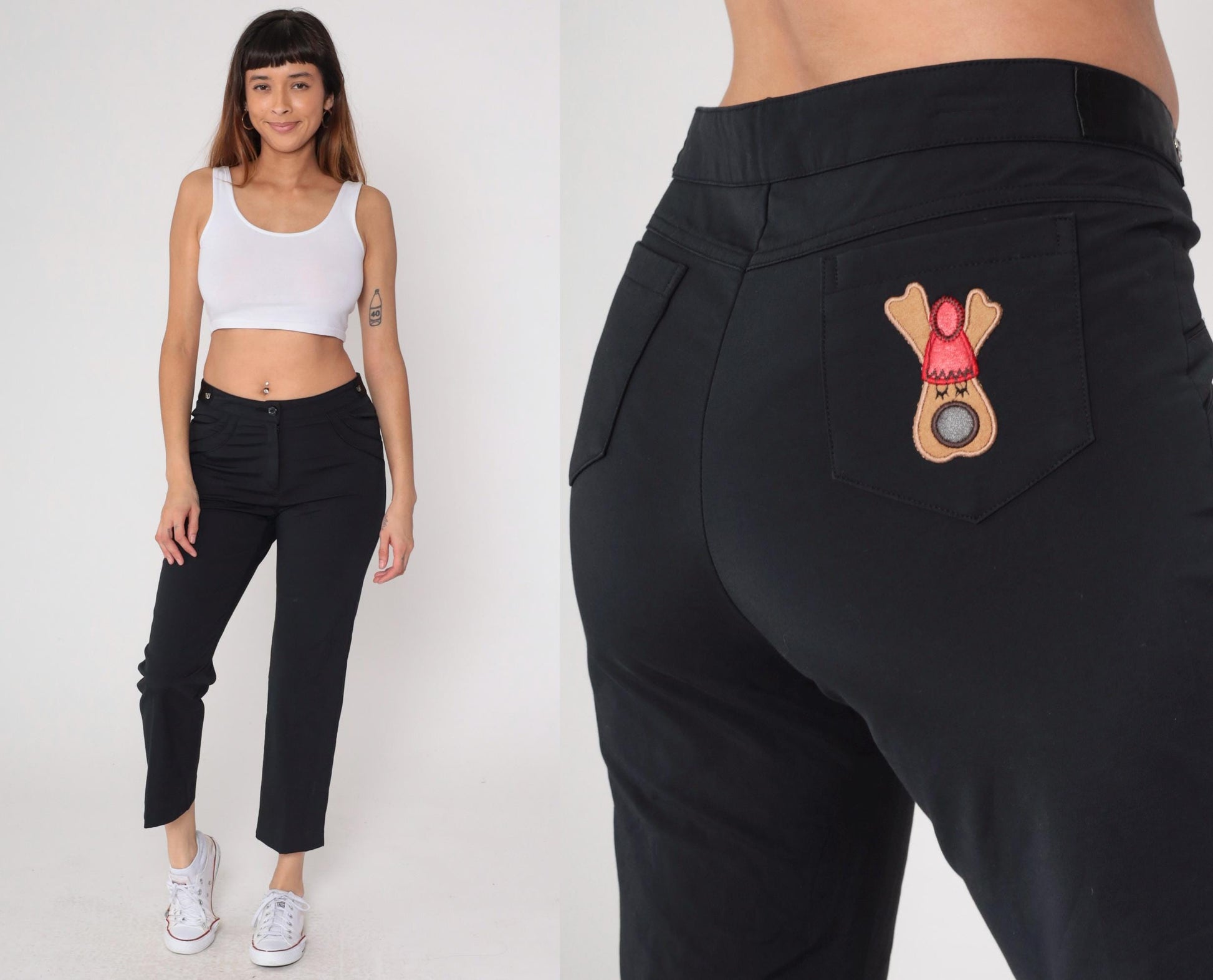 Y2K Black Cropped Trousers Reindeer Patch High Waist Straight Leg Medium M
