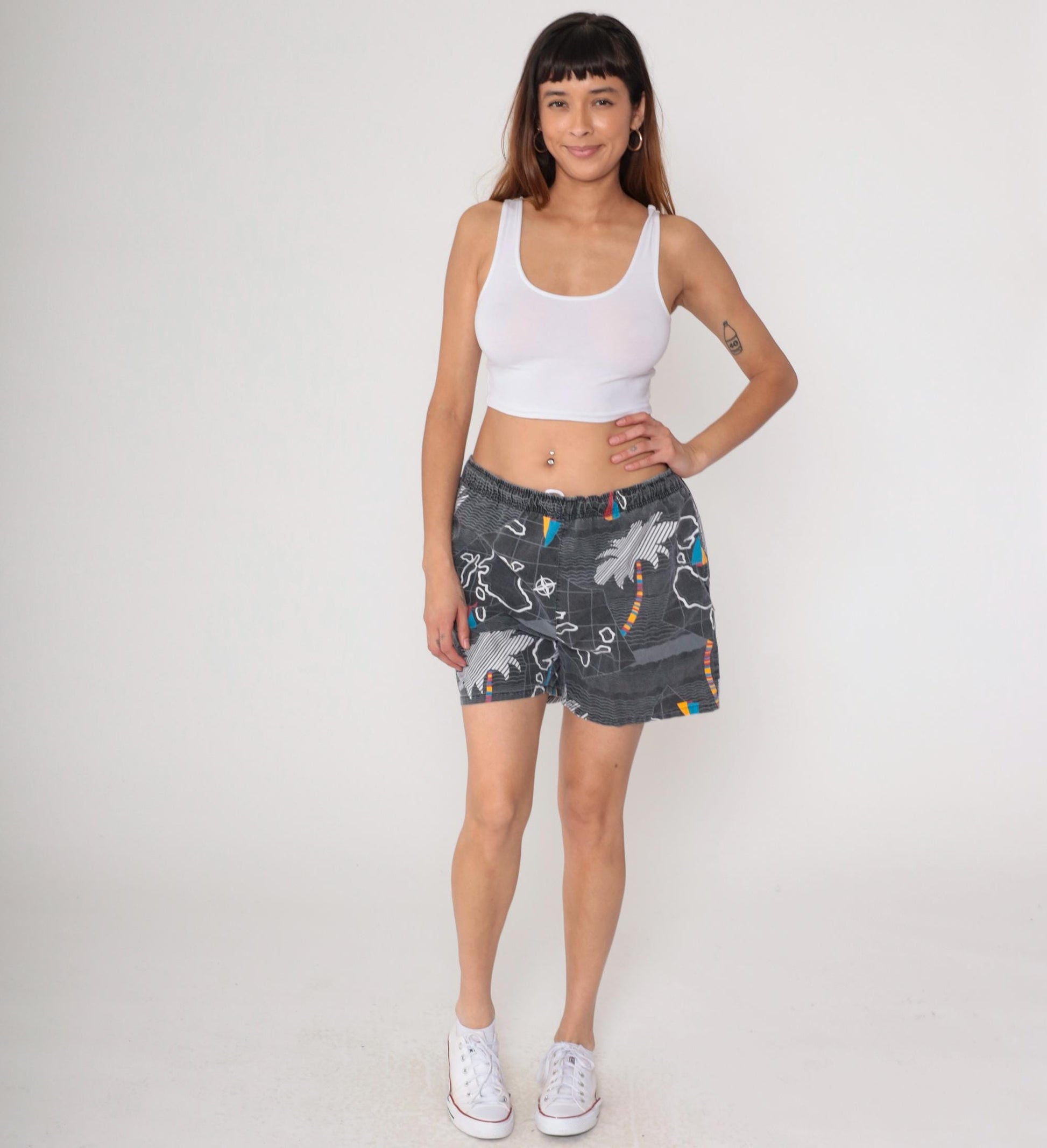 90s Blair Map Print Cotton Swim Trunks Grey Island Graphic Large L