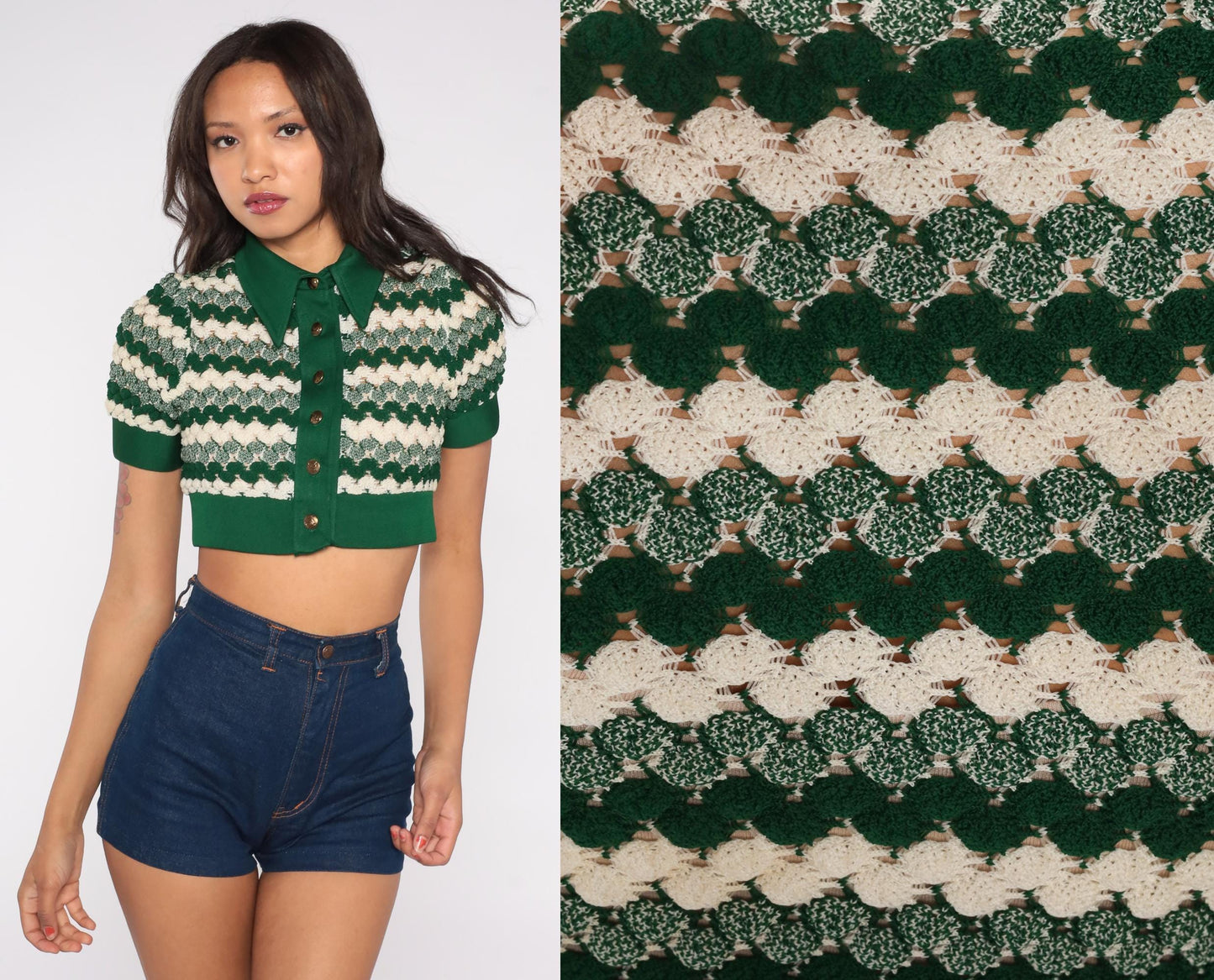 70s Emerald Green Chevron Knit Crop Cardigan Button Front Short Sleeve XS