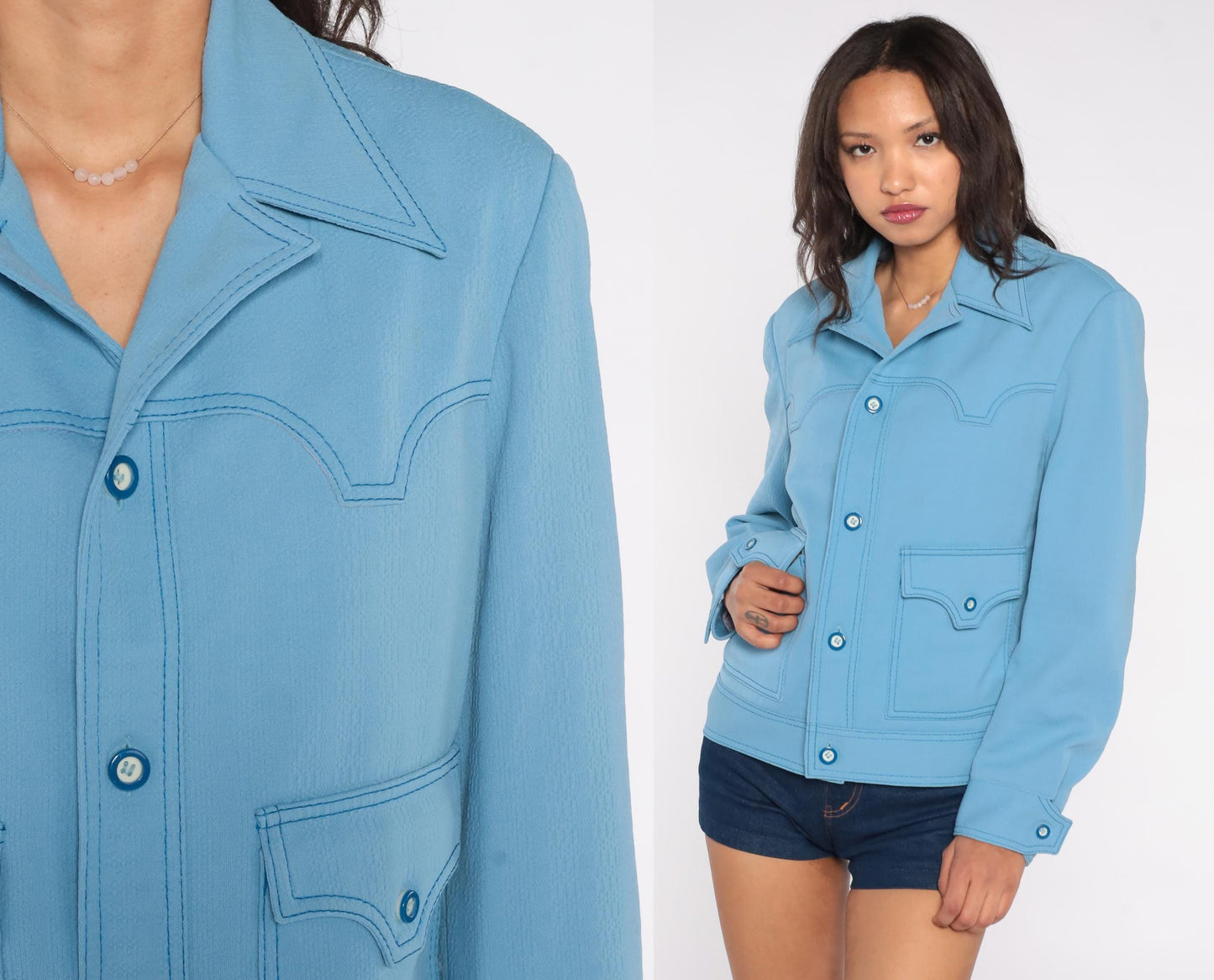 70s Light Blue Western Jacket Scalloped Yoke Stitch Detail Medium