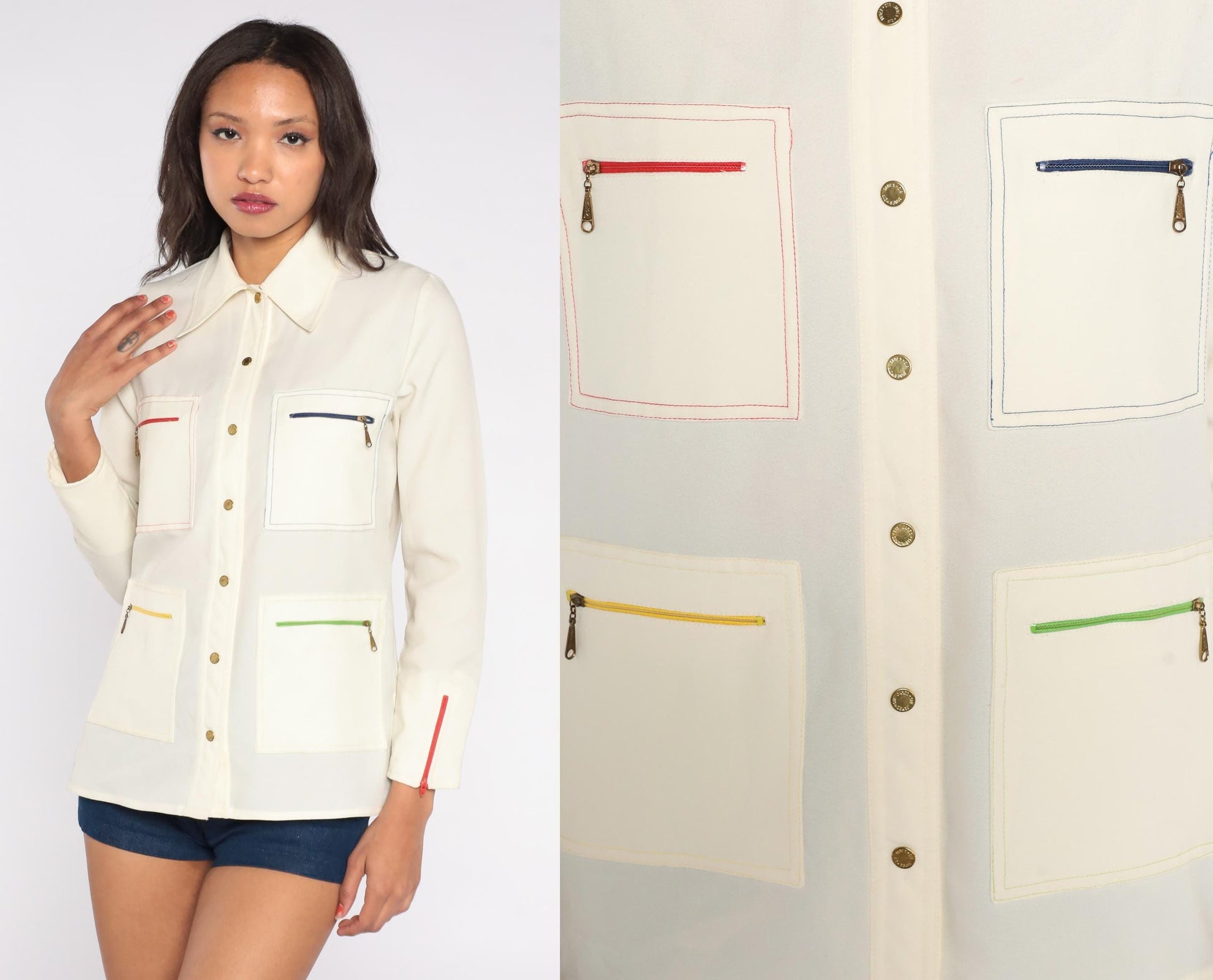 70s King James California Cream Shirt Colorful Zipper Pockets Medium