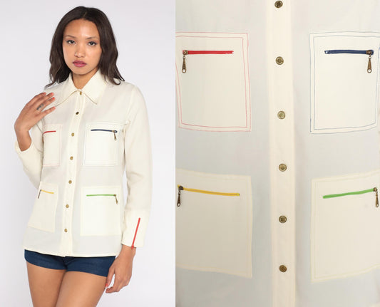 70s King James California Cream Shirt Colorful Zipper Pockets Medium