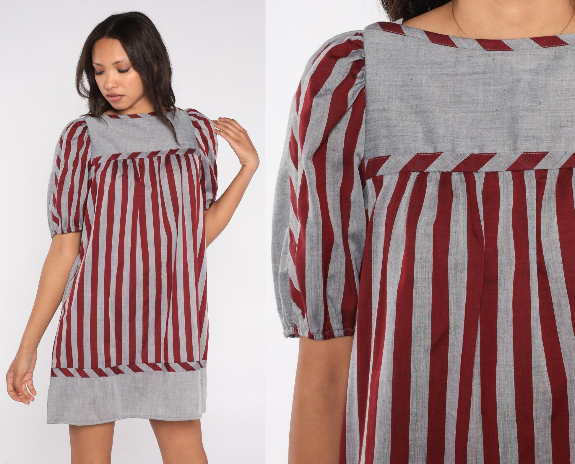 80s Mako Hawaii Striped Mini Dress Puff Sleeve Square Neck Red Grey Small