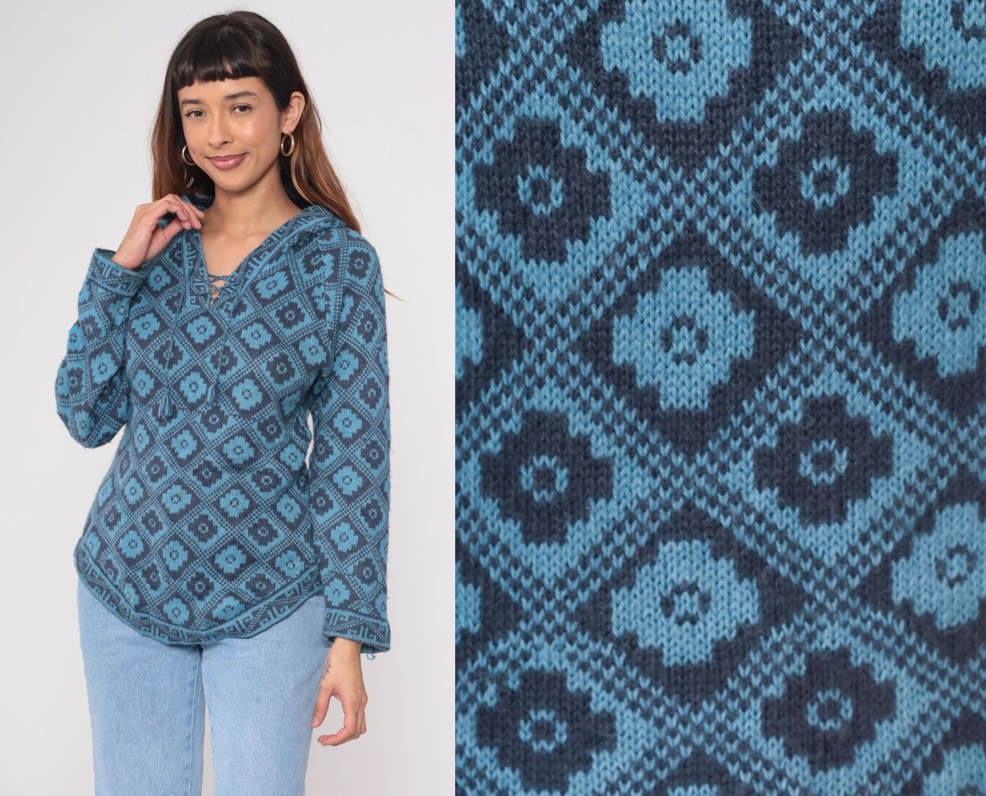 Y2K Slate Blue Geometric Southwest Hoodie Pullover Knit Medium M
