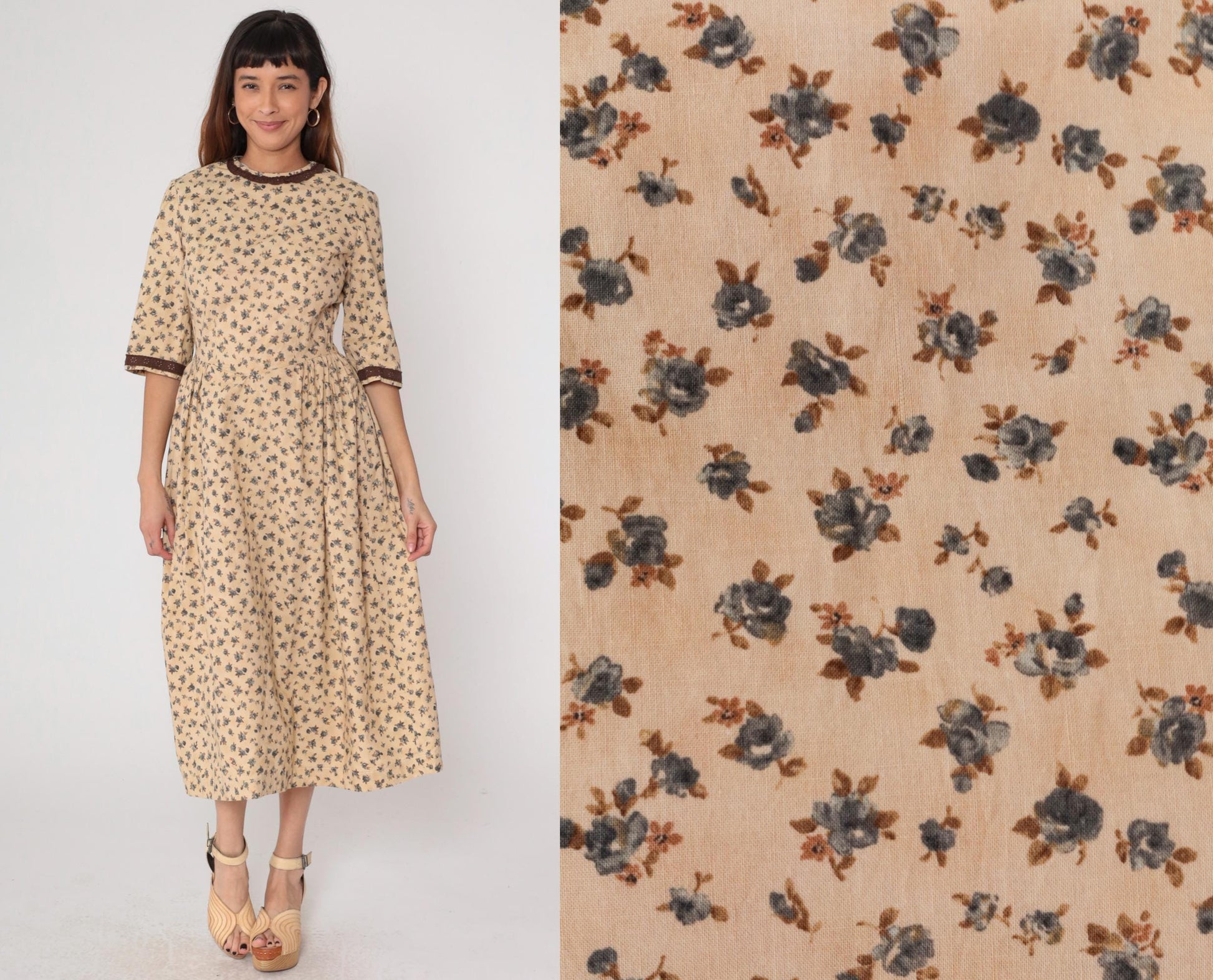 70s Calico Prairie Dress Tan Blue Floral Cotton Midi Medium M