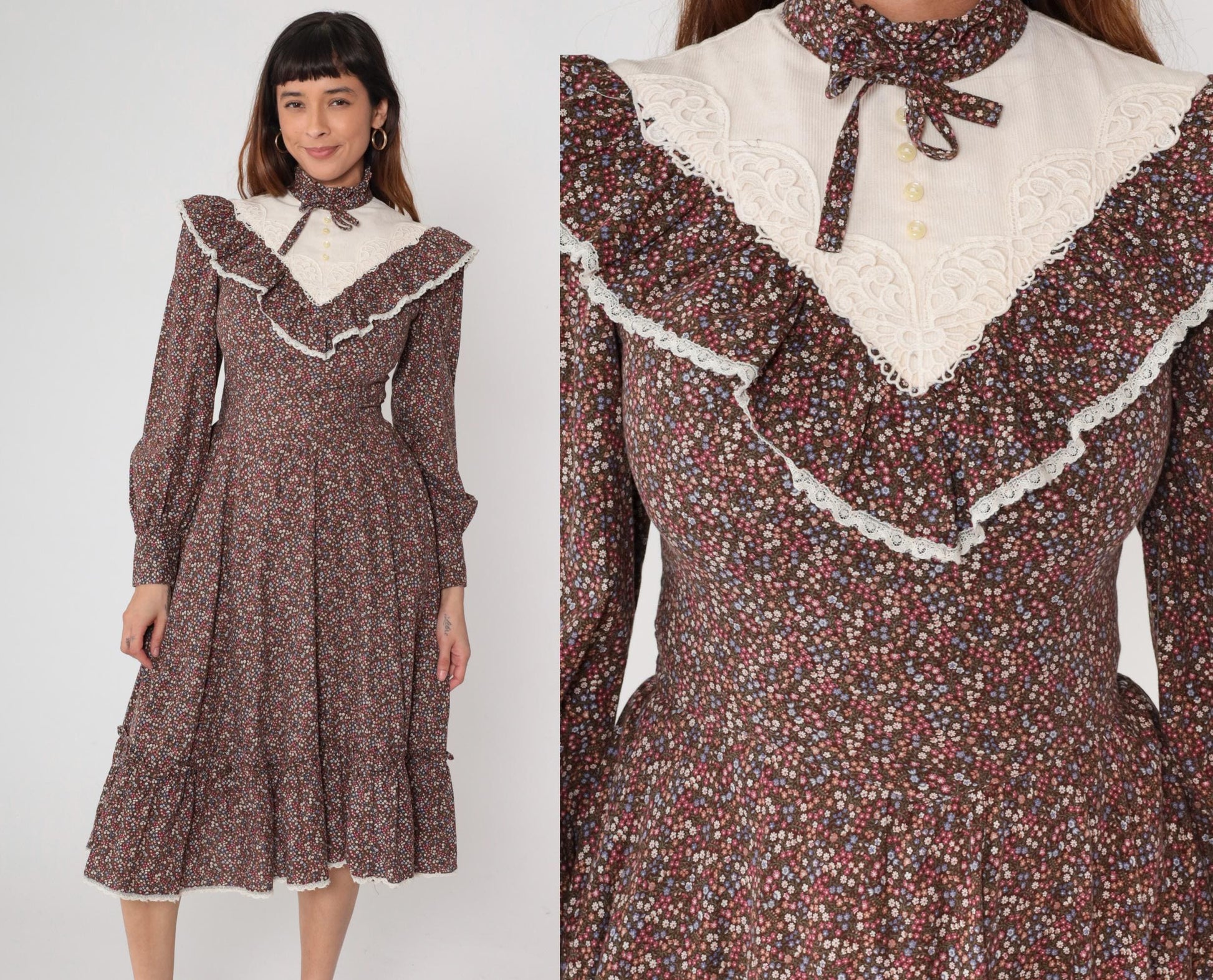 70s Gunne Sax Prairie Dress Brown Floral Cotton Midi Long Sleeve Small