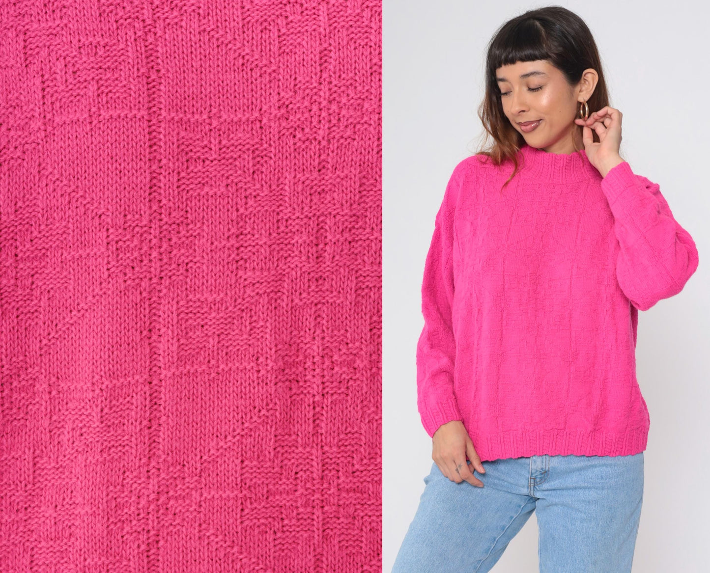 90s Hot Pink Mock Neck Sweater Textured Geometric Knit Medium M