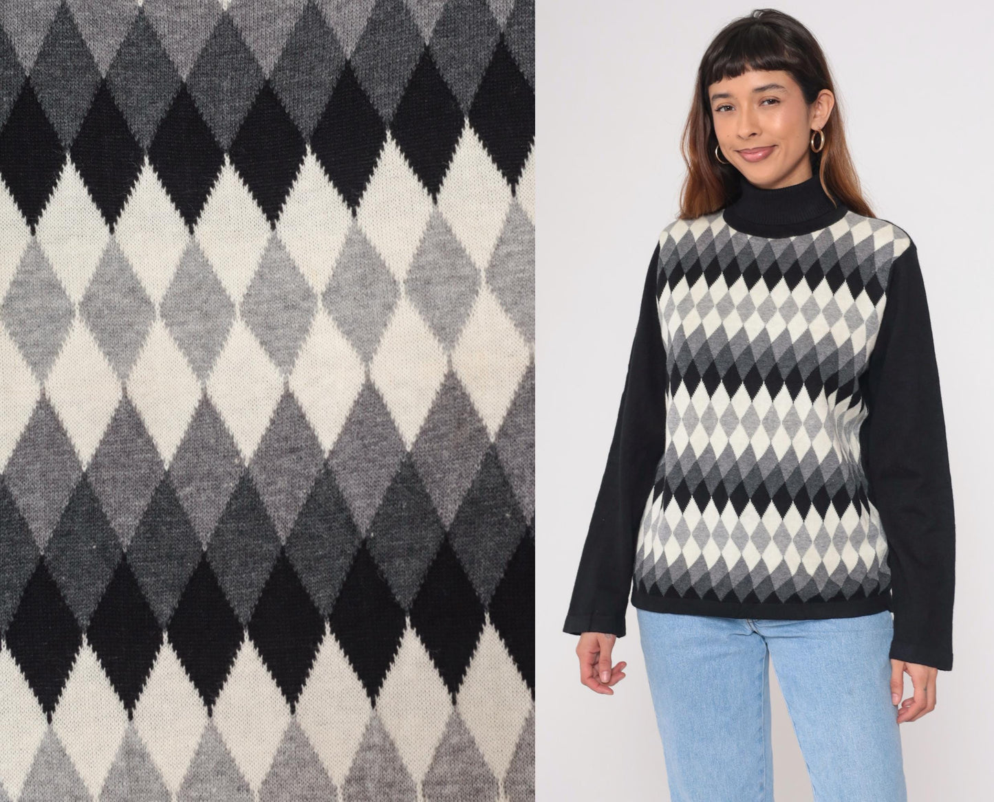 Y2K Argyle Turtleneck Sweater Black White Grey Diamond Knit Large L