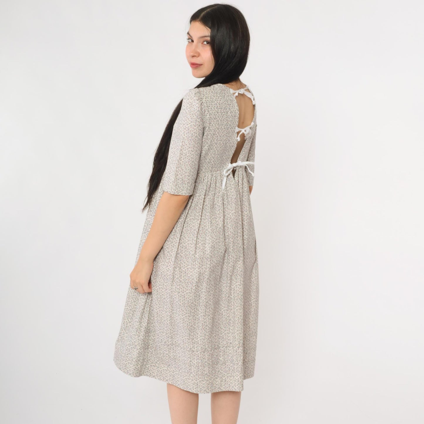 Y2K Colonial Williamsburg Ditsy Floral Prairie Dress Puff Sleeve Midi Tie-Back Extra Small XS