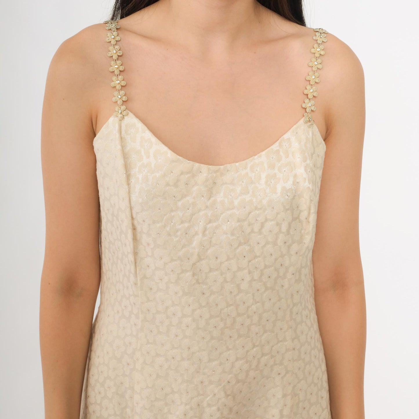 90s Jessica McClintock Gunne Sax Cream Gold Jacquard Mini Dress Beaded Straps Small S