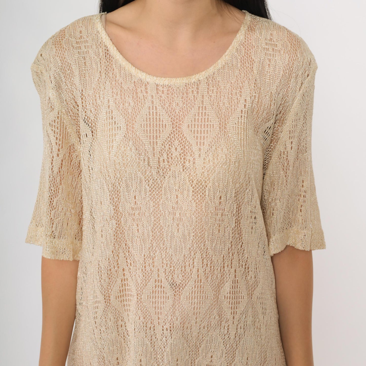 90s Sharade Nites Crochet Mini Dress Cream Metallic Fringe Scalloped Hem Size 16