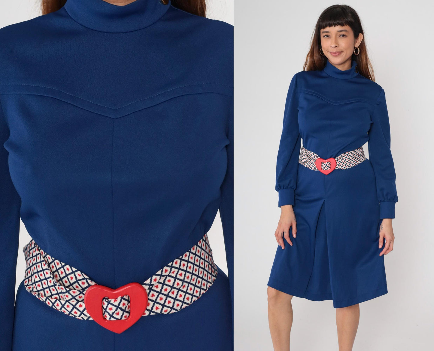 70s Navy Midi Dress Turtleneck Bishop Sleeve Western Yoke Heart Belt Medium