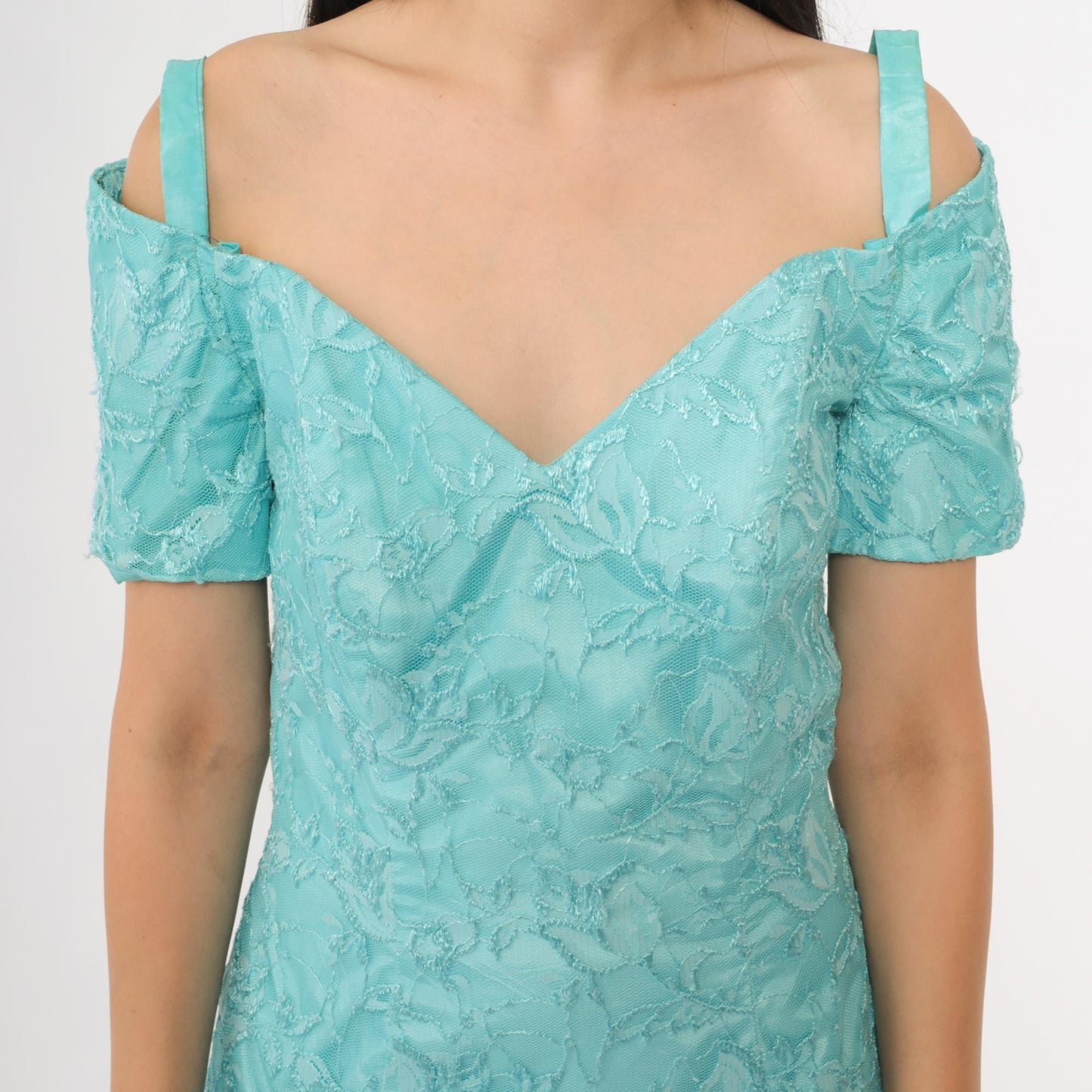 80s Turquoise Lace Mini Dress Off-Shoulder Sweetheart Neckline Short Sleeve Extra Small XS