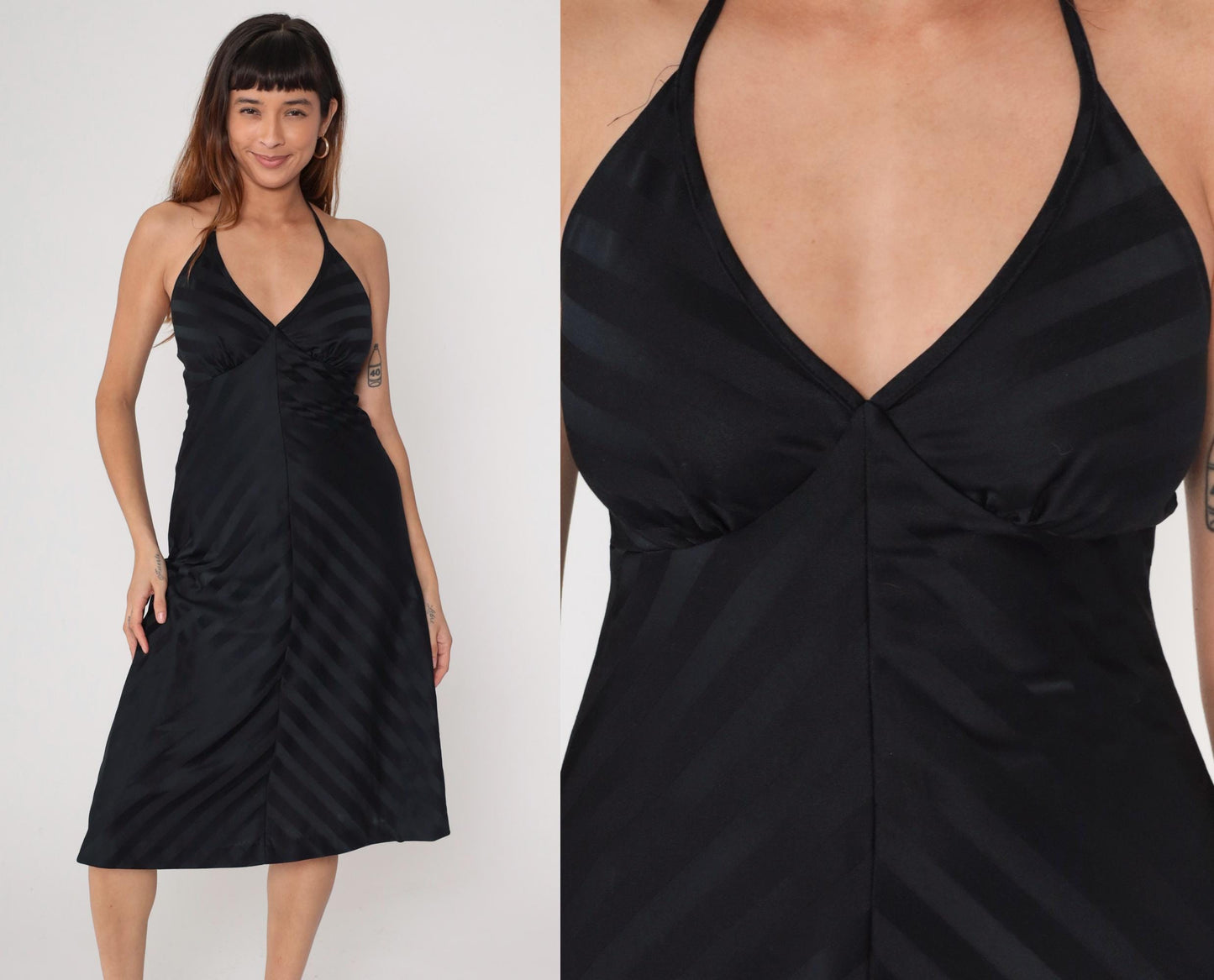 70s Black Halter Dress Striped Deep V Backless Mini Fit Flare Small