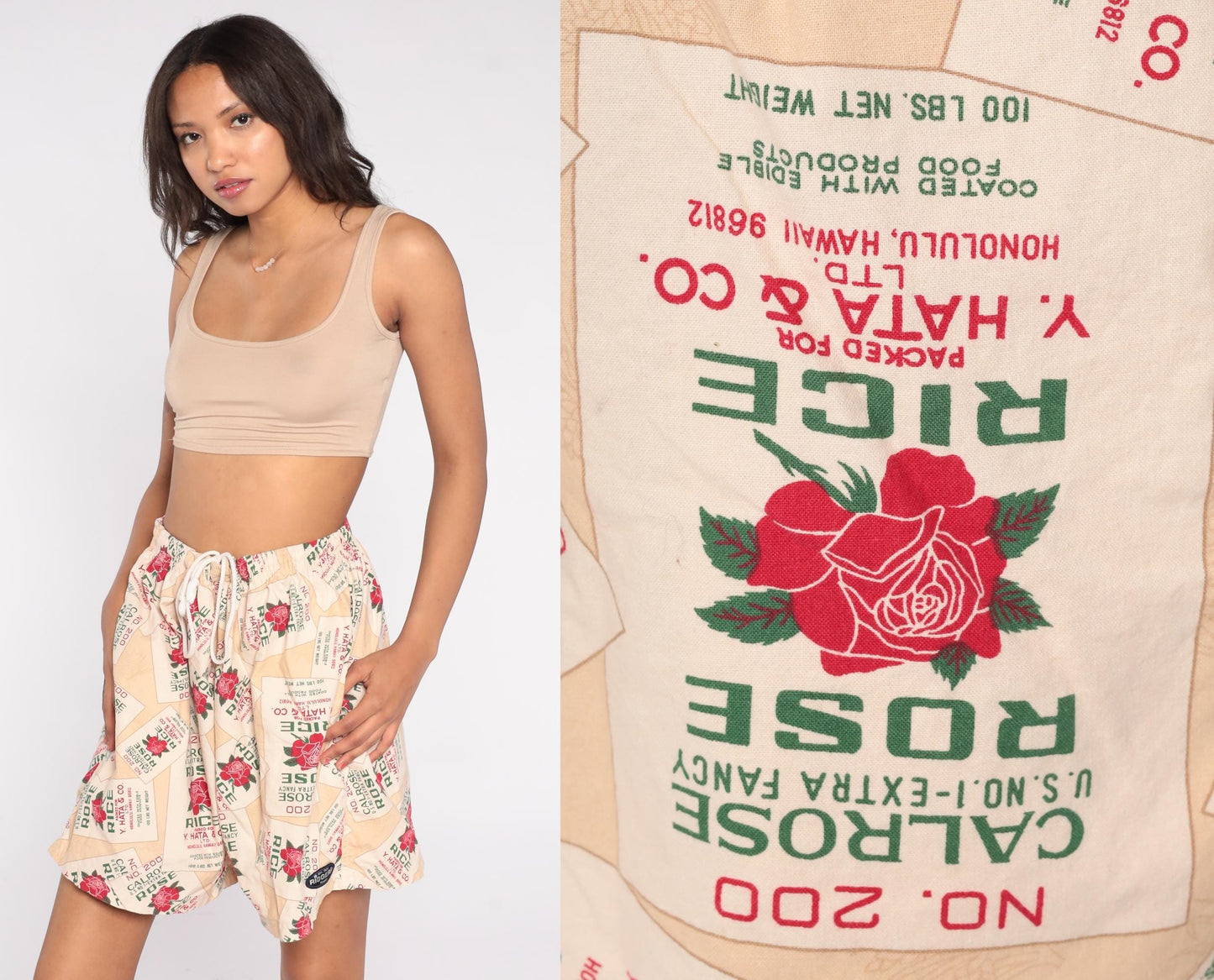 90s Calrose Rice Sack Shorts Y. Hata Honolulu Rose Print Drawstring Medium