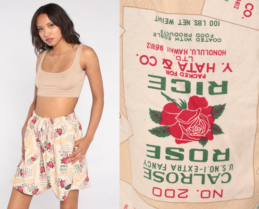 90s Calrose Rice Sack Shorts Y. Hata Honolulu Rose Print Drawstring Medium