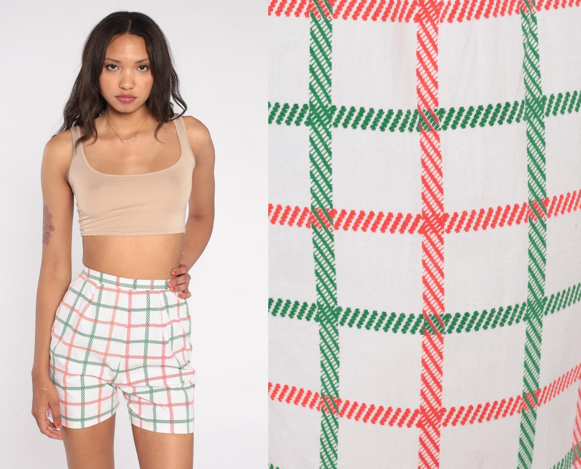60s Plaid High-Waist Shorts White Red Green Windowpane Check Extra Small XS