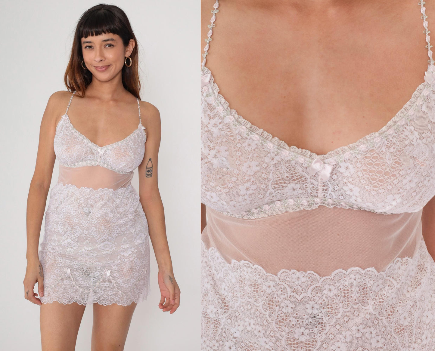 00s Claire Pettibone Babydoll Slip Dress White Lace Floral Mesh Mini Medium M