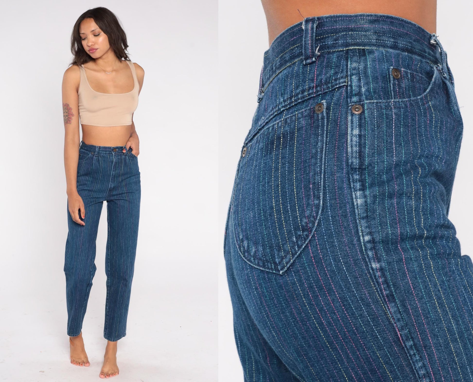90s Rainbow Pinstripe High Waist Jeans Blue Multicolor Mom Denim Small S